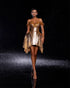 Shimmering Gold Mini-Dress with Dramatic Draped Skirt