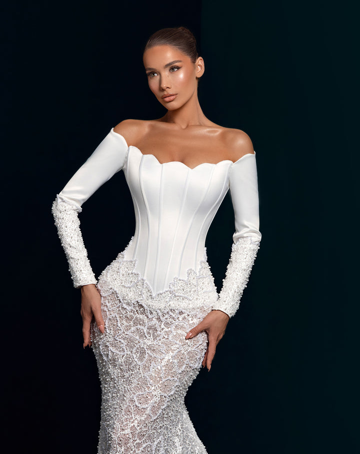 White Illusion Lace Mermaid Gown - Corset Bodice Detachable 3D Sleeves Nicol Sposa