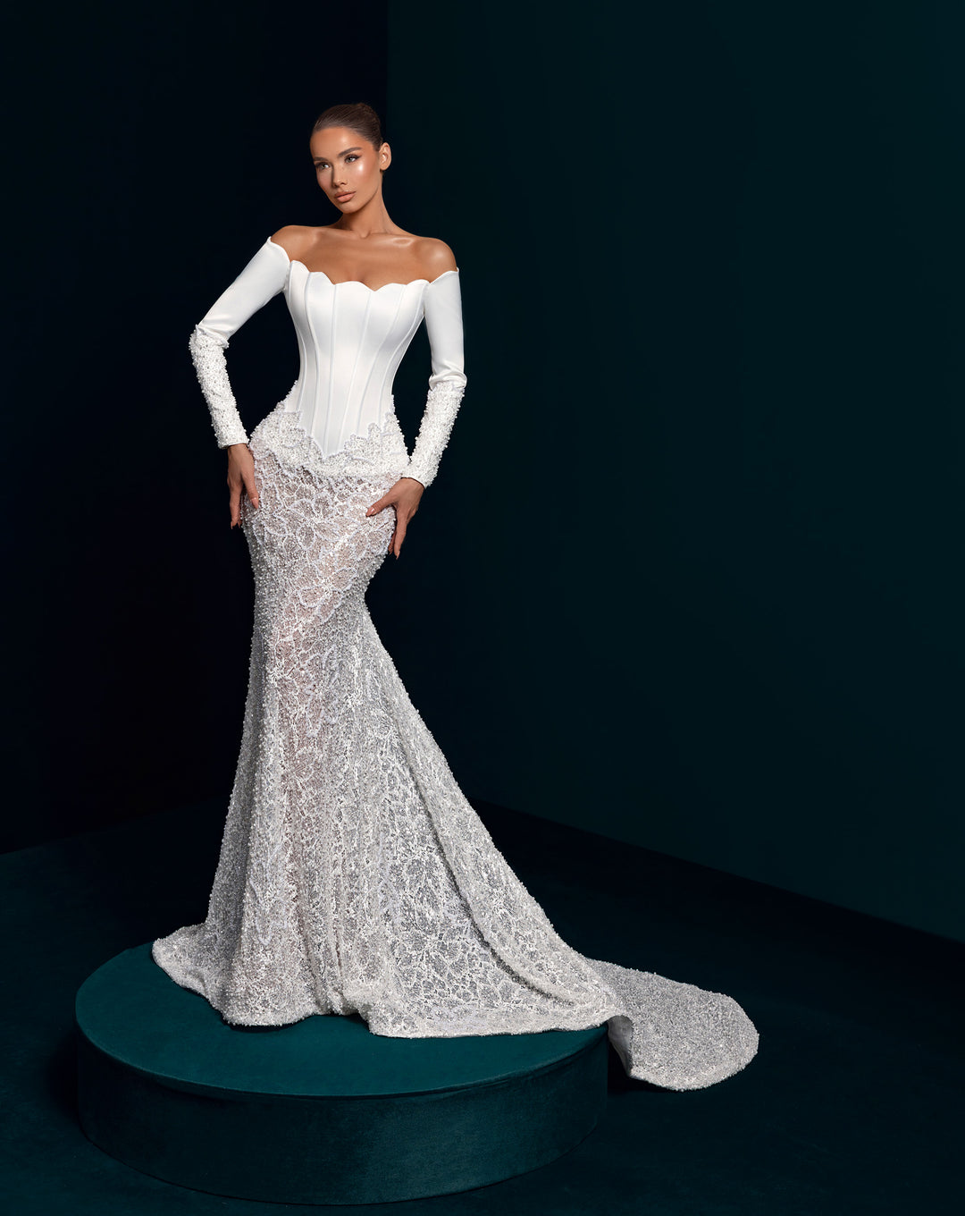White Illusion Lace Mermaid Gown - Corset Bodice Detachable 3D Sleeves Nicol Sposa
