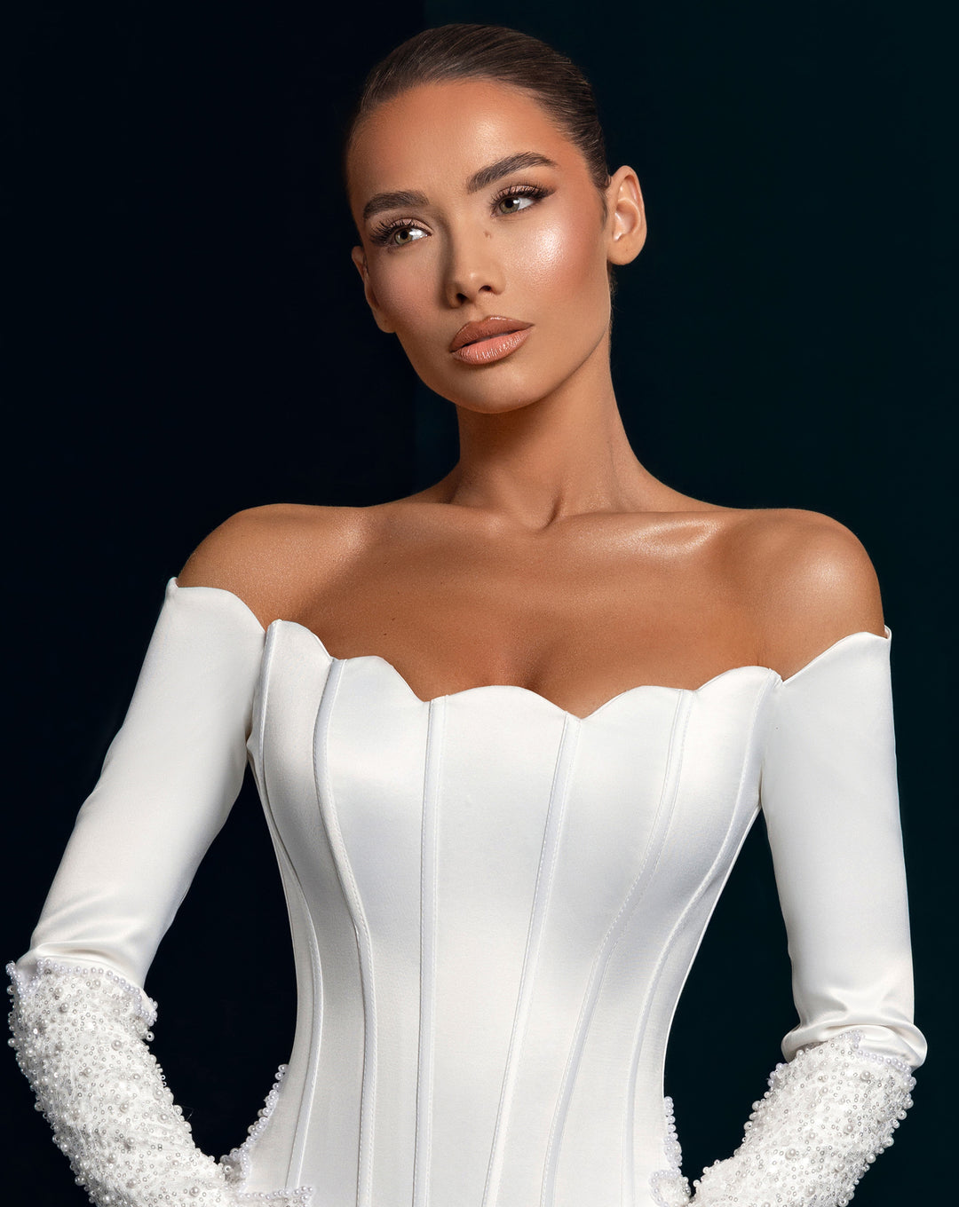 White Illusion Lace Mermaid Gown - Corset Bodice Detachable 3D Sleeves Nicol Sposa