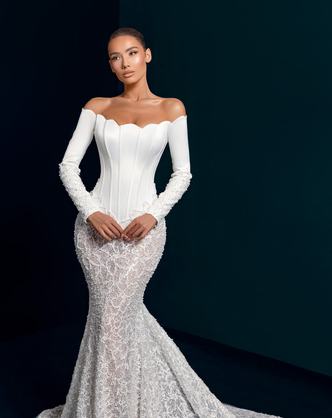 White Illusion Lace Mermaid Gown - Corset Bodice Detachable 3D Sleeves Nicol Sposa