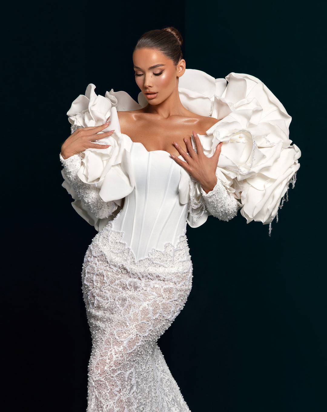 White Illusion Lace Mermaid Gown - Corset Bodice Detachable 3D Sleeves Nicol Sposa