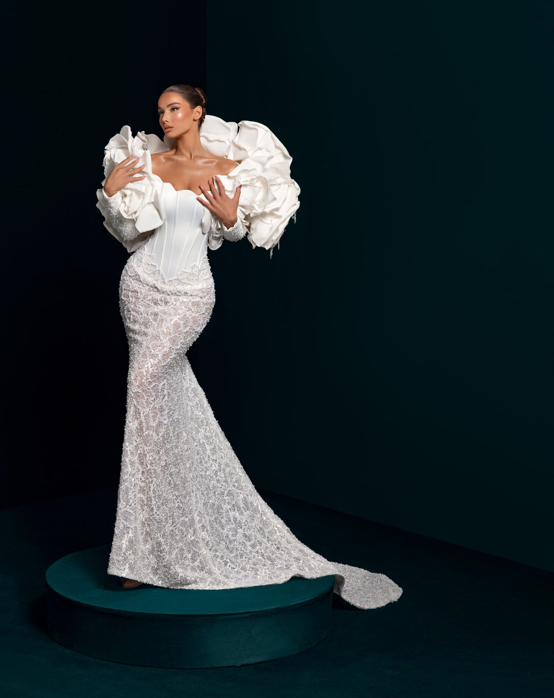 White Illusion Lace Mermaid Gown - Corset Bodice Detachable 3D Sleeves Nicol Sposa