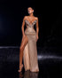 Strapless Gold Gown with Rose Appliqué and High Slit