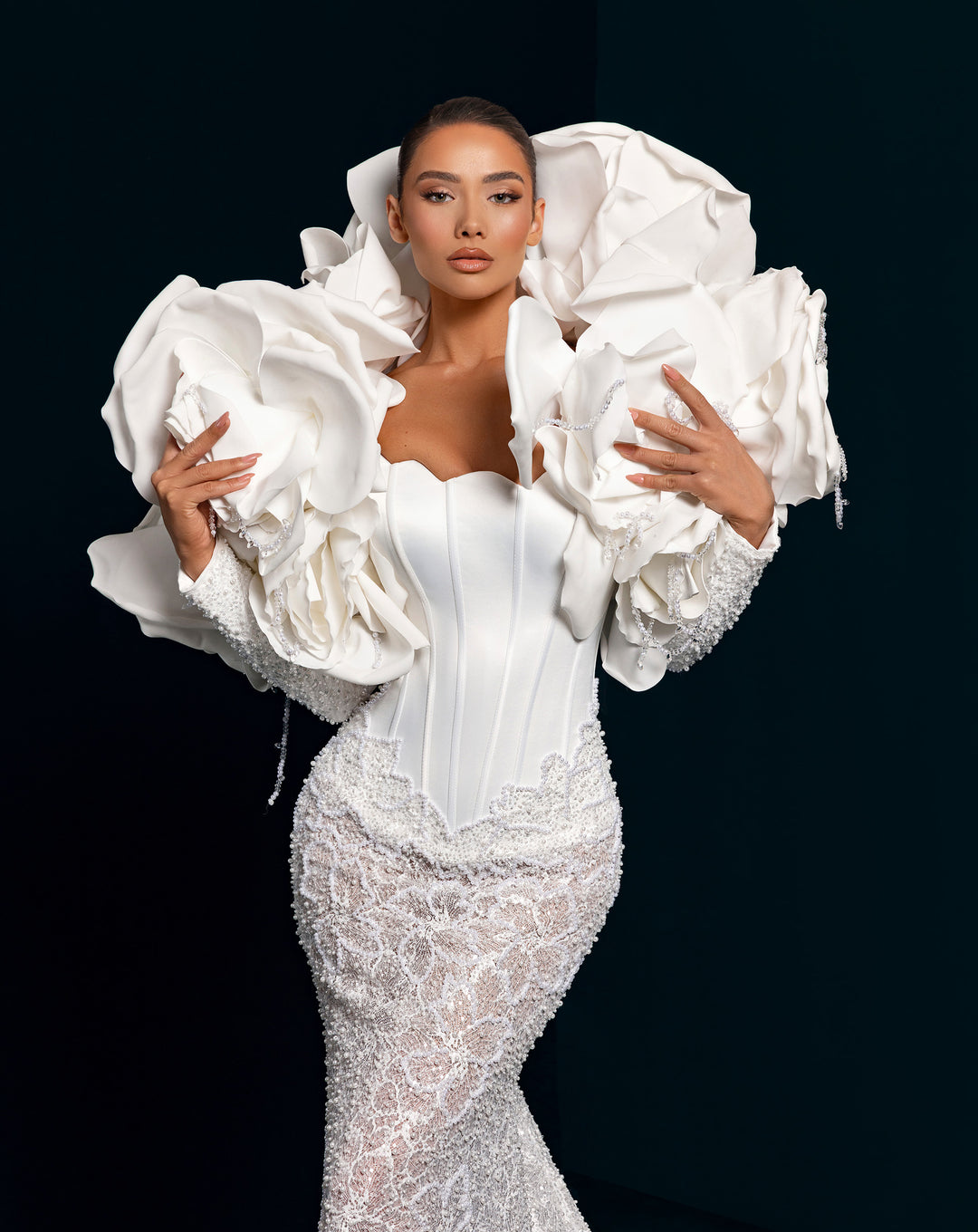 White Illusion Lace Mermaid Gown - Corset Bodice Detachable 3D Sleeves Nicol Sposa