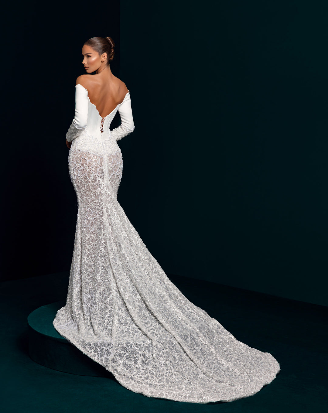 White Illusion Lace Mermaid Gown - Corset Bodice Detachable 3D Sleeves Nicol Sposa