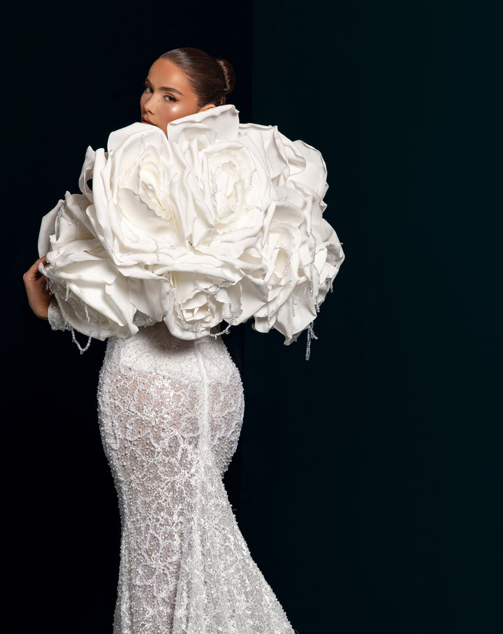 White Illusion Lace Mermaid Gown - Corset Bodice Detachable 3D Sleeves Nicol Sposa