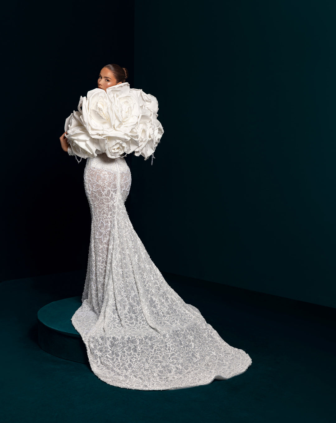 White Illusion Lace Mermaid Gown - Corset Bodice Detachable 3D Sleeves Nicol Sposa