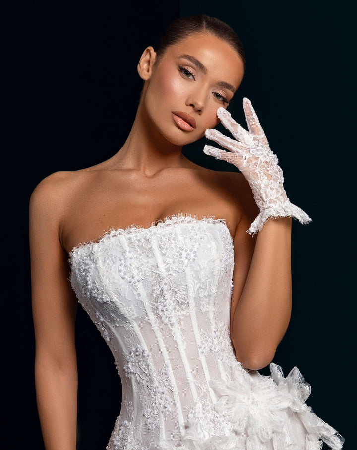 White Corset Mini Dress with 3D Rosette Skirt - Strapless Cocktail Dress Nicol Sposa