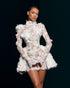 White 3D Flower Lace Mini Dress - High Neck Long Sleeve Cocktail Dress