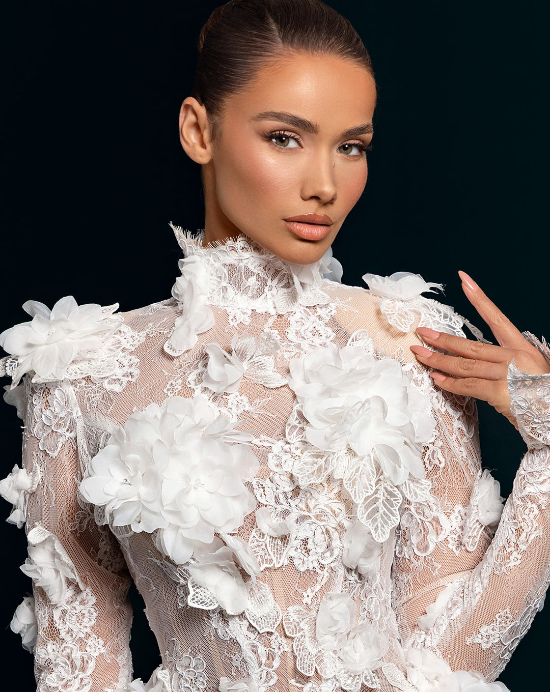 White 3D Flower Lace Mini Dress - High Neck Long Sleeve Cocktail Dress Nicol Sposa