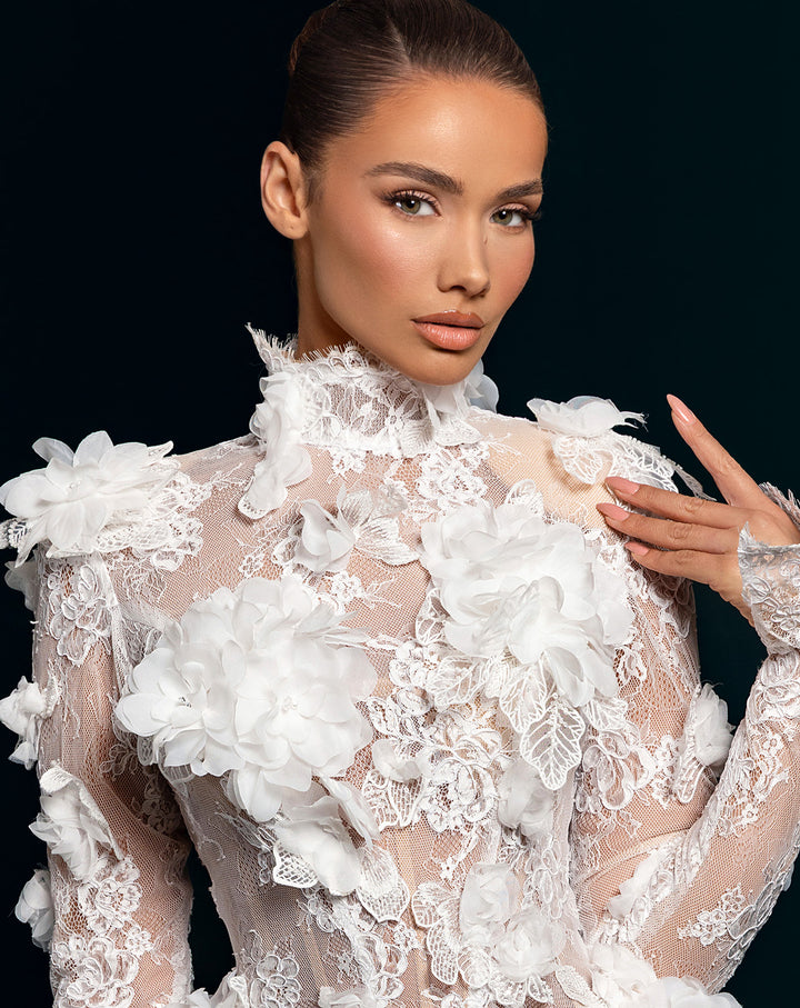 White 3D Flower Lace Mini Dress - High Neck Long Sleeve Cocktail Dress Nicol Sposa
