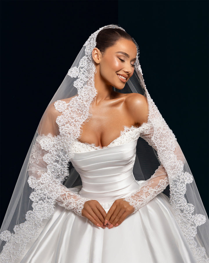 White Satin Ball Gown Wedding Dress - Off-the-Shoulder Lace Sleeves Nicol Sposa