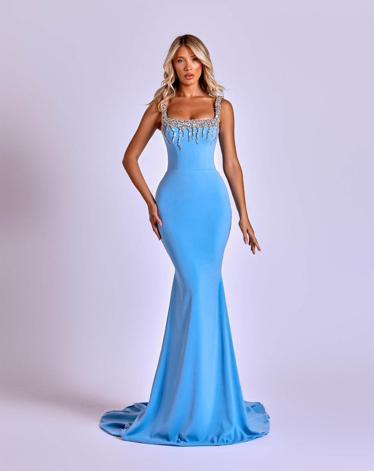 Sky Blue Crystal-Embellished Mermaid Gown with Square Neckline Nicol Sposa