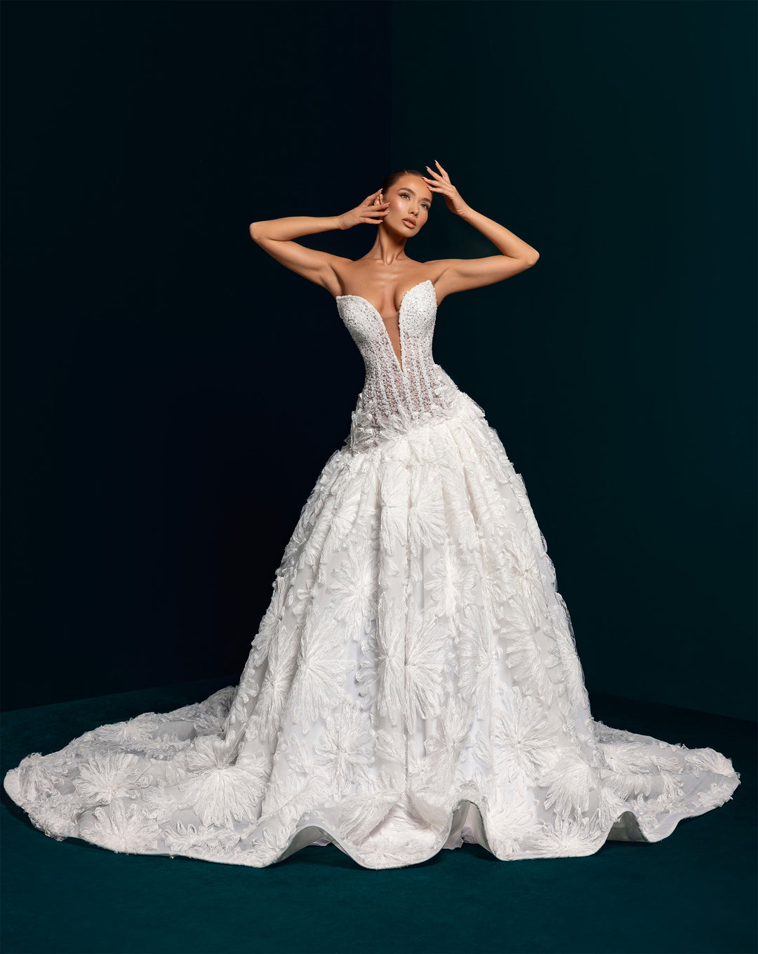 White 3D Lace Ball Gown Wedding Dress - Deep Plunge Corset Bodice Nicol Sposa