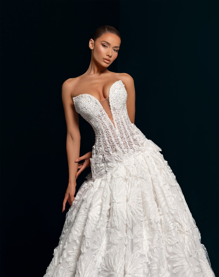 White 3D Lace Ball Gown Wedding Dress - Deep Plunge Corset Bodice Nicol Sposa