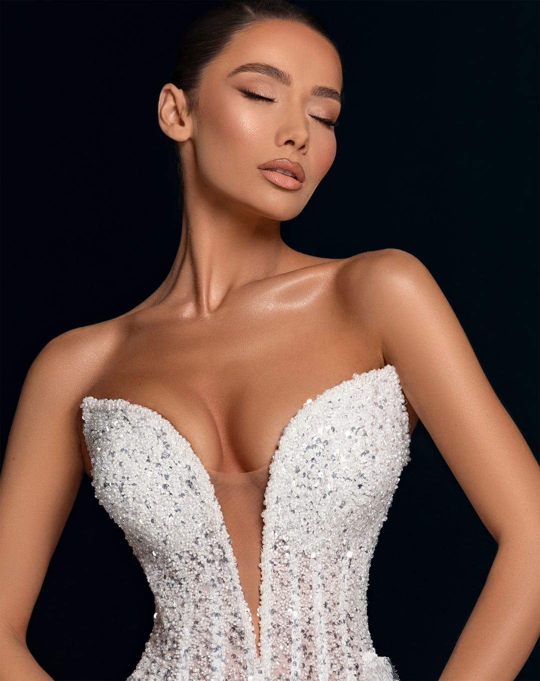 White 3D Lace Ball Gown Wedding Dress - Deep Plunge Corset Bodice Nicol Sposa