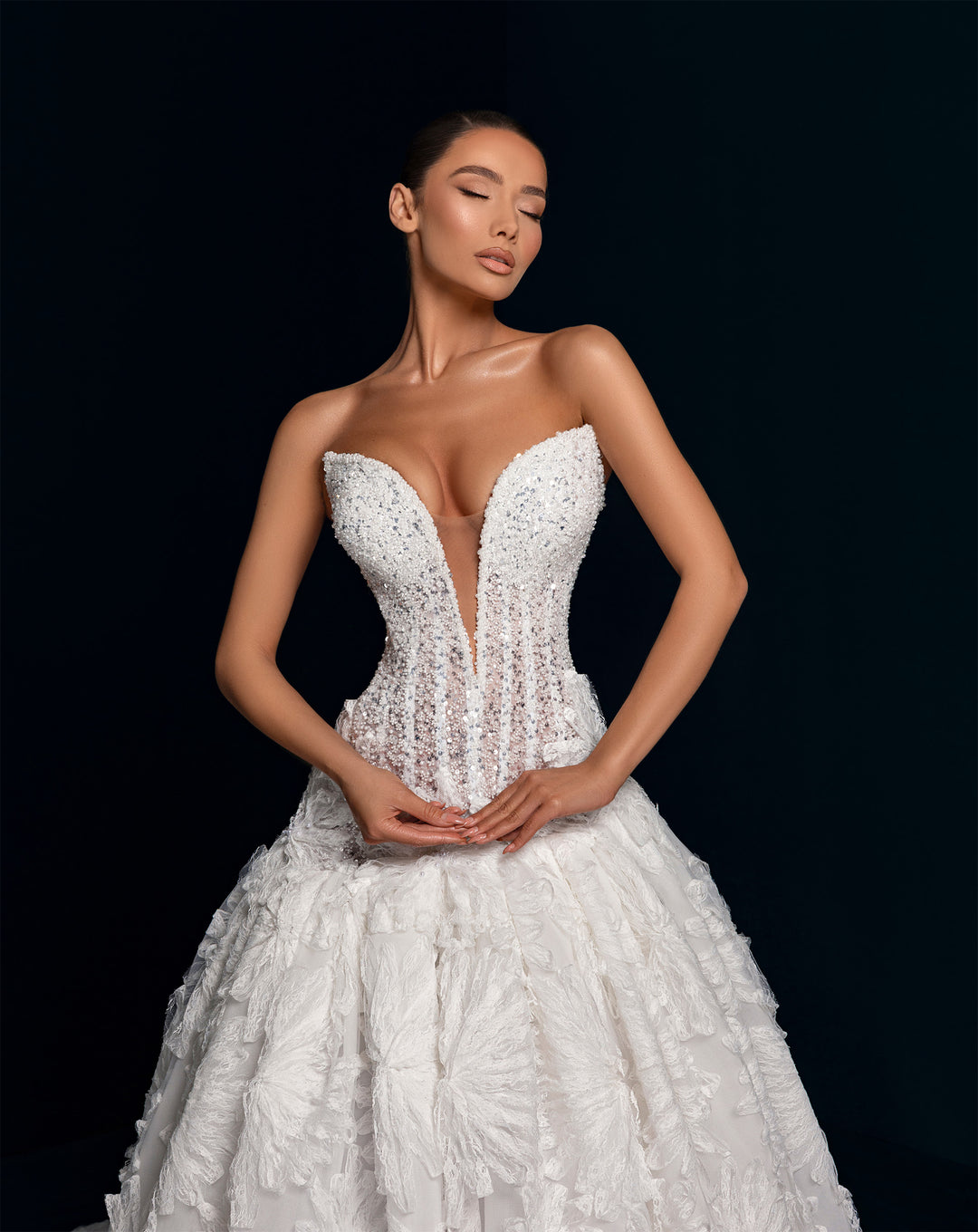 White 3D Lace Ball Gown Wedding Dress - Deep Plunge Corset Bodice Nicol Sposa