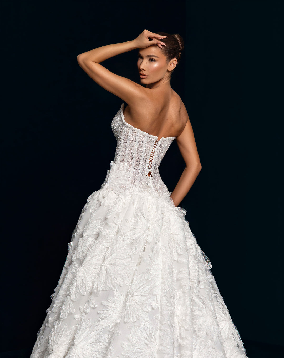 White 3D Lace Ball Gown Wedding Dress - Deep Plunge Corset Bodice Nicol Sposa