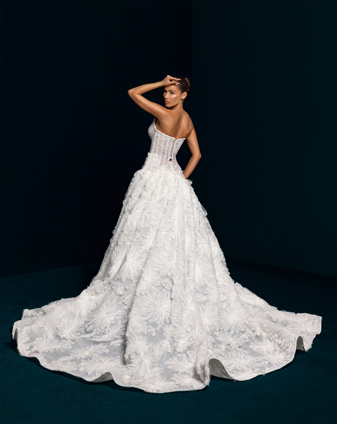 White 3D Lace Ball Gown Wedding Dress - Deep Plunge Corset Bodice Nicol Sposa