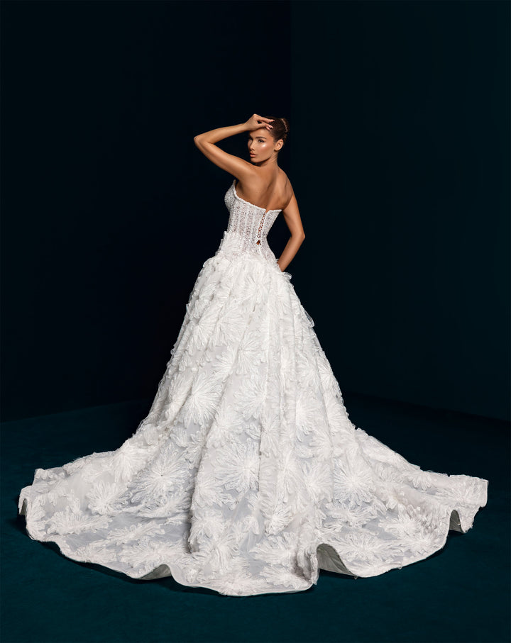 White 3D Lace Ball Gown Wedding Dress - Deep Plunge Corset Bodice Nicol Sposa