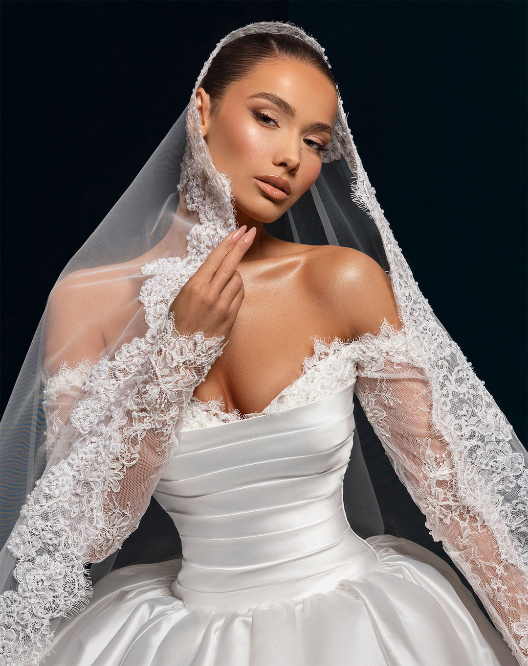 White Satin Ball Gown Wedding Dress - Off-the-Shoulder Lace Sleeves Nicol Sposa