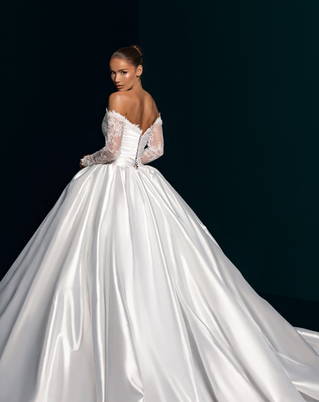 White Satin Ball Gown Wedding Dress - Off-the-Shoulder Lace Sleeves Nicol Sposa