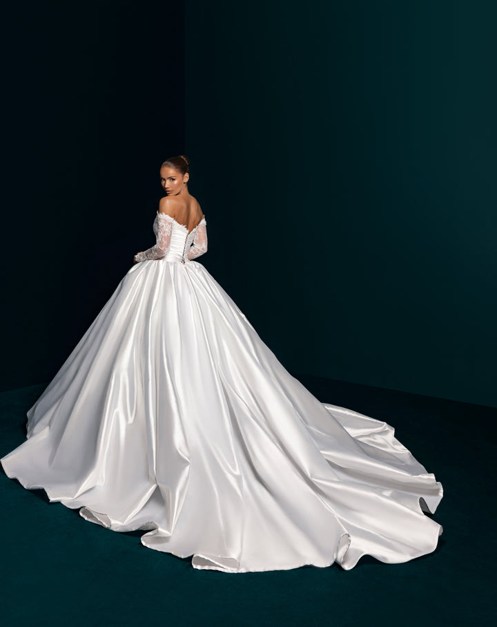 White Satin Ball Gown Wedding Dress - Off-the-Shoulder Lace Sleeves Nicol Sposa