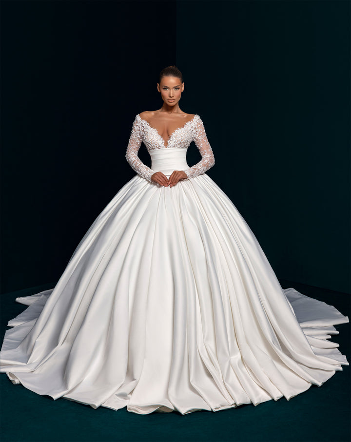 White Satin Ball Gown Wedding Dress - Deep V-Neck Lace Long Sleeves Nicol Sposa