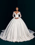 White Satin Ball Gown Wedding Dress - Deep V-Neck Lace Long Sleeves