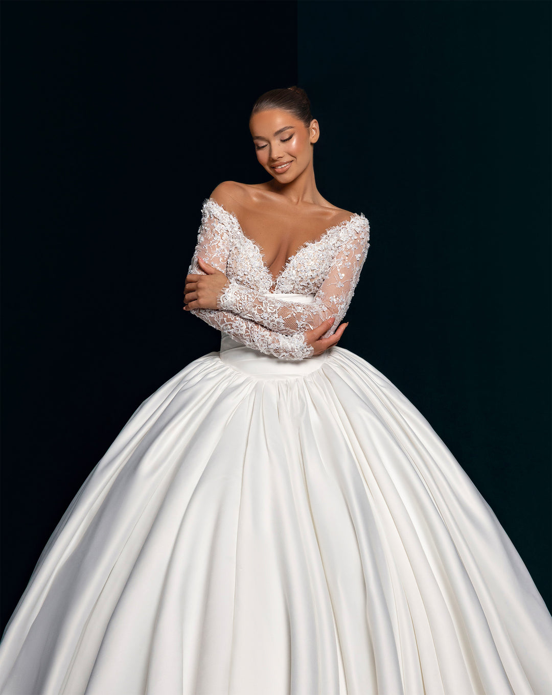 White Satin Ball Gown Wedding Dress - Deep V-Neck Lace Long Sleeves Nicol Sposa