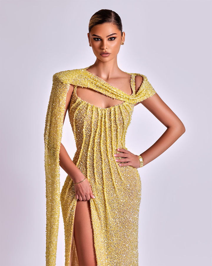 Sleeveless Yellow Lace Mermaid Gown with Cape, U-Neckline, and Deep Slit