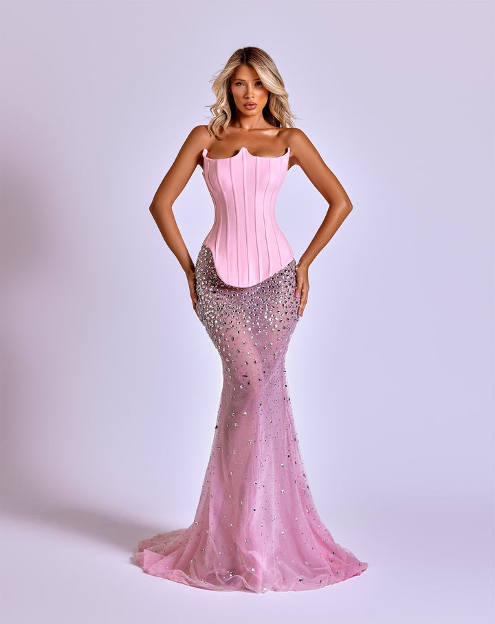 Blush Pink Two-Piece Mermaid Gown with Strapless Corset and Silver Sequin Skirt Nicol Sposa