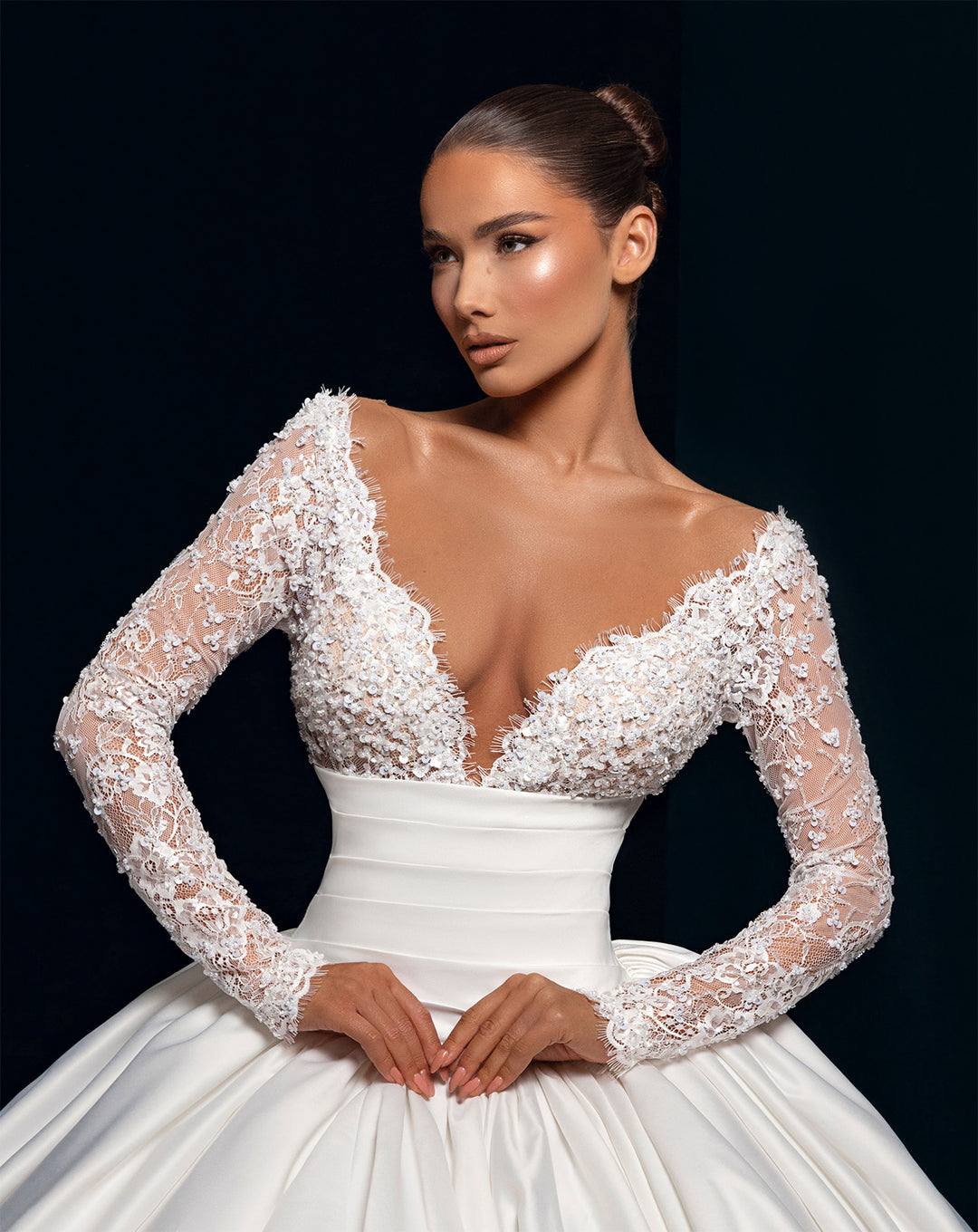 White Satin Ball Gown Wedding Dress - Deep V-Neck Lace Long Sleeves Nicol Sposa