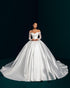 White Satin Ball Gown Wedding Dress - Off-the-Shoulder Lace Sleeves