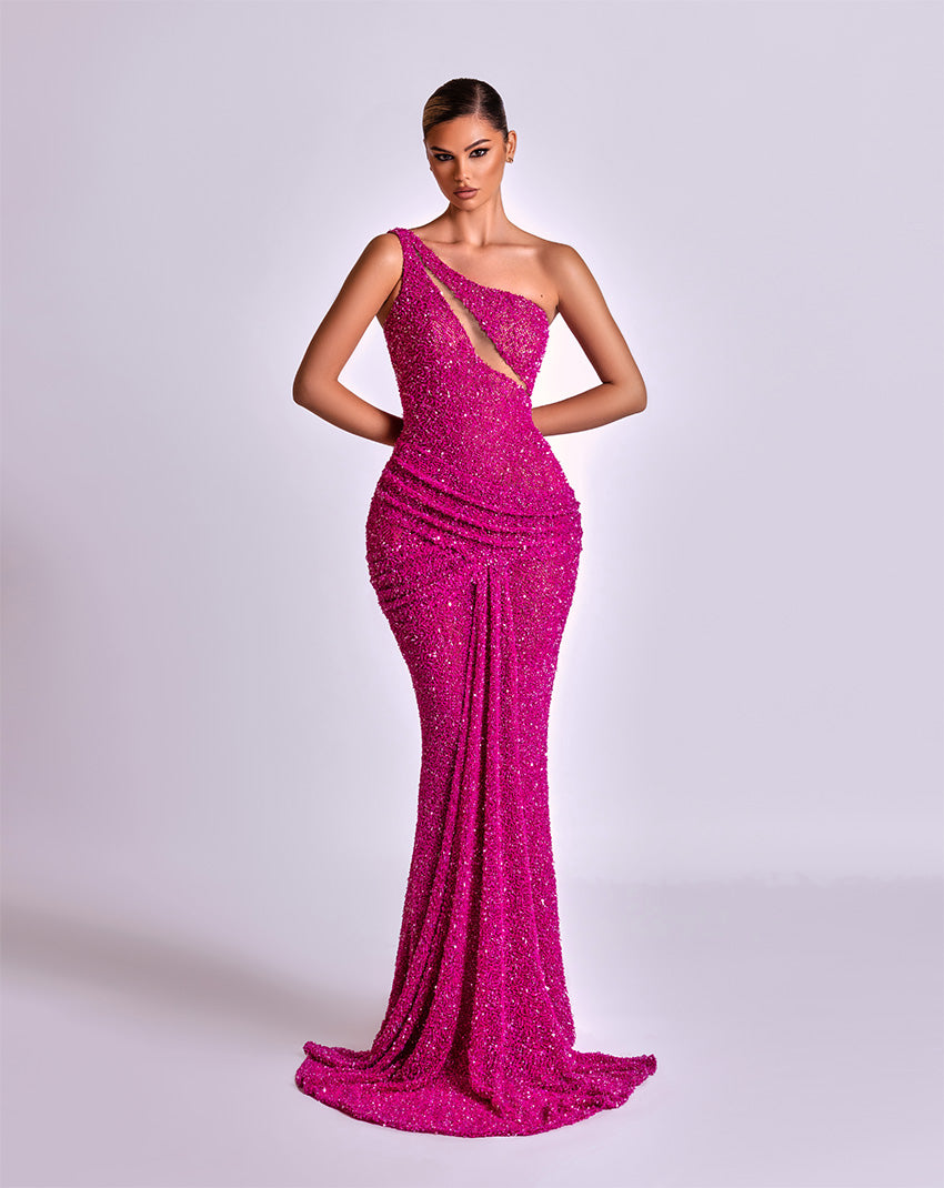 Sleeveless Pink Mermaid Dress with Unique Neckline Cut and One-Shoulder Strap