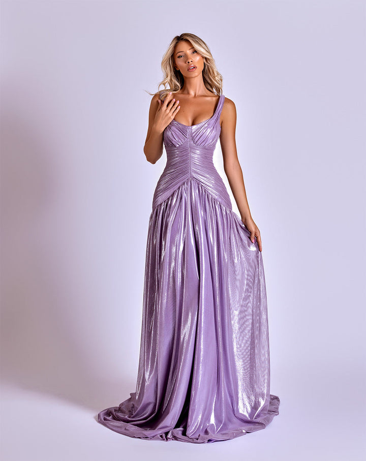 Iridescent Lavender Pleated Evening Gown with Plunging V-Neckline Nicol Sposa