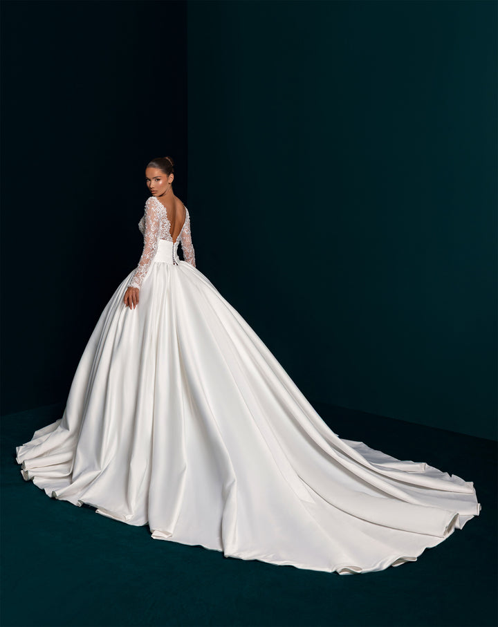 White Satin Ball Gown Wedding Dress - Deep V-Neck Lace Long Sleeves Nicol Sposa
