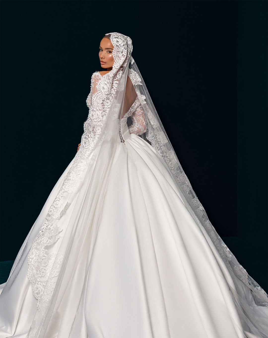White Satin Ball Gown Wedding Dress - Deep V-Neck Lace Long Sleeves Nicol Sposa