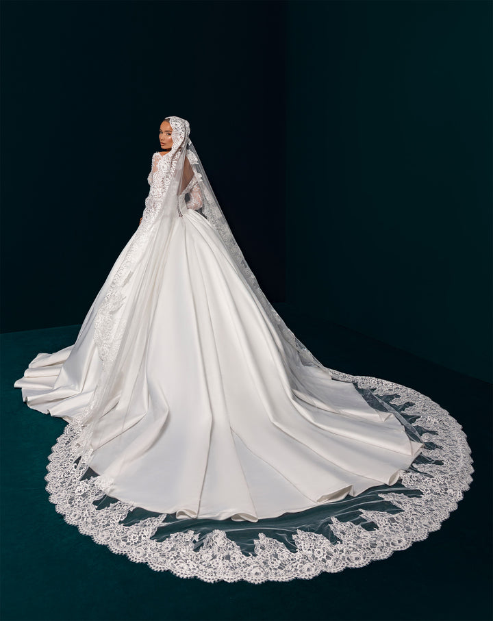 White Satin Ball Gown Wedding Dress - Deep V-Neck Lace Long Sleeves Nicol Sposa
