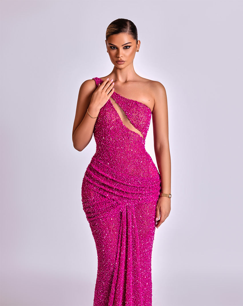 Sleeveless Pink Mermaid Dress with Unique Neckline Cut and One-Shoulder Strap