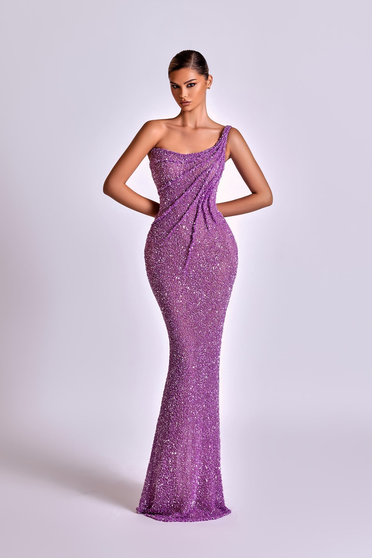 Sleeveless Purple Maxi Dress with Draped Shoulder Strap Nicol Sposa