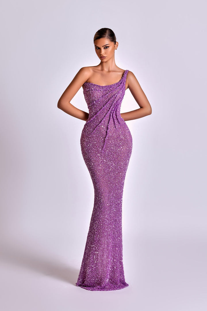 Sleeveless Purple Maxi Dress with Draped Shoulder Strap Nicol Sposa