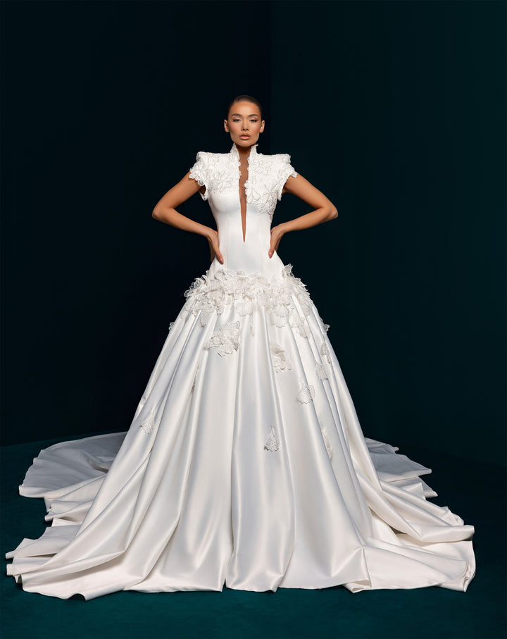 White Satin Ball Gown Wedding Dress - High Neck Deep Plunge Lace Appliqué Nicol Sposa