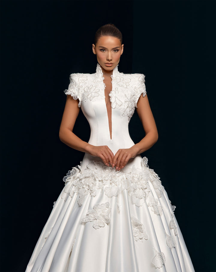 White Satin Ball Gown Wedding Dress - High Neck Deep Plunge Lace Appliqué Nicol Sposa