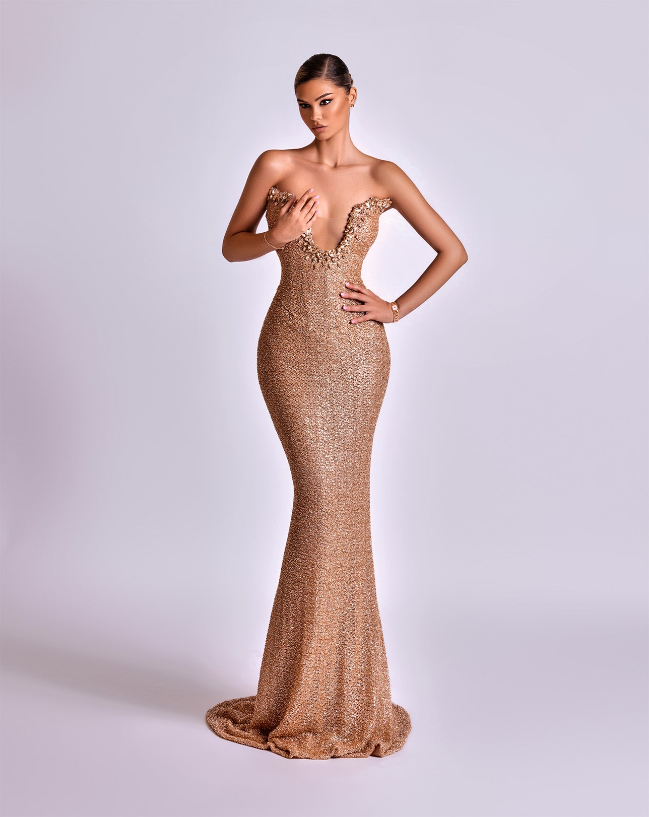 Sleeveless Gold Sequin Mermaid Gown with Deep Plunge Neckline