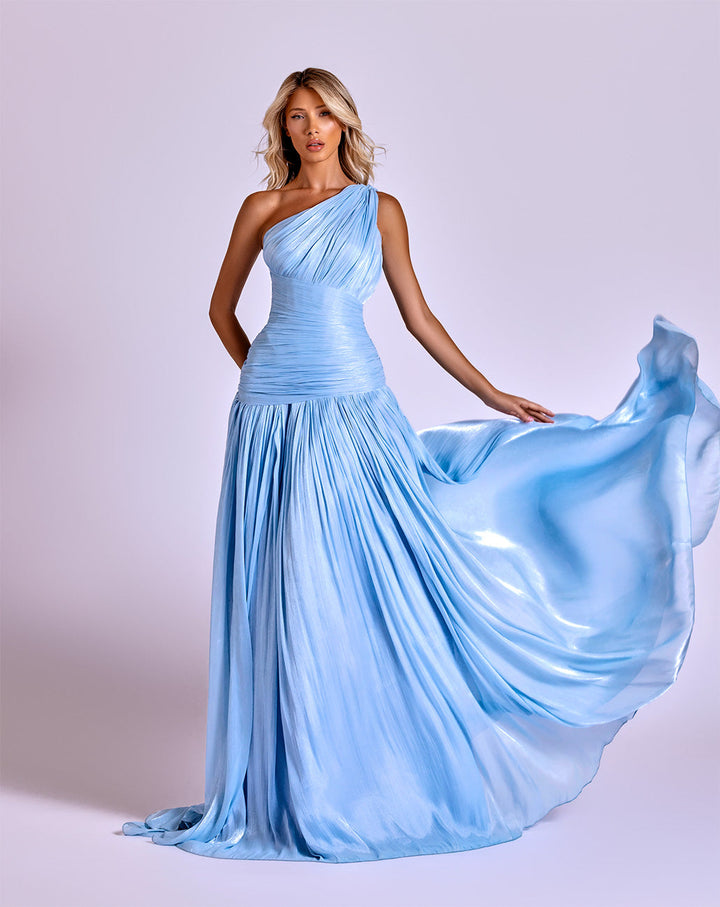 Light Blue One-Shoulder Pleated Evening Gown with Flowing Train Nicol Sposa
