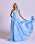 Light Blue One-Shoulder Pleated Evening Gown with Flowing Train