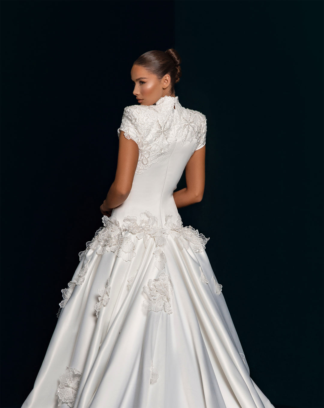 White Satin Ball Gown Wedding Dress - High Neck Deep Plunge Lace Appliqué Nicol Sposa