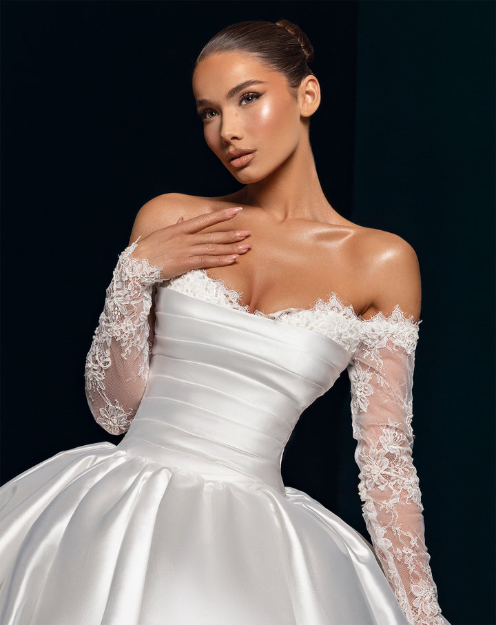 White Satin Ball Gown Wedding Dress - Off-the-Shoulder Lace Sleeves Nicol Sposa